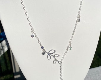 Sterling Silver Leaf Branch Necklace with Crystal Drop, tiny sapphire and emerald stone beads