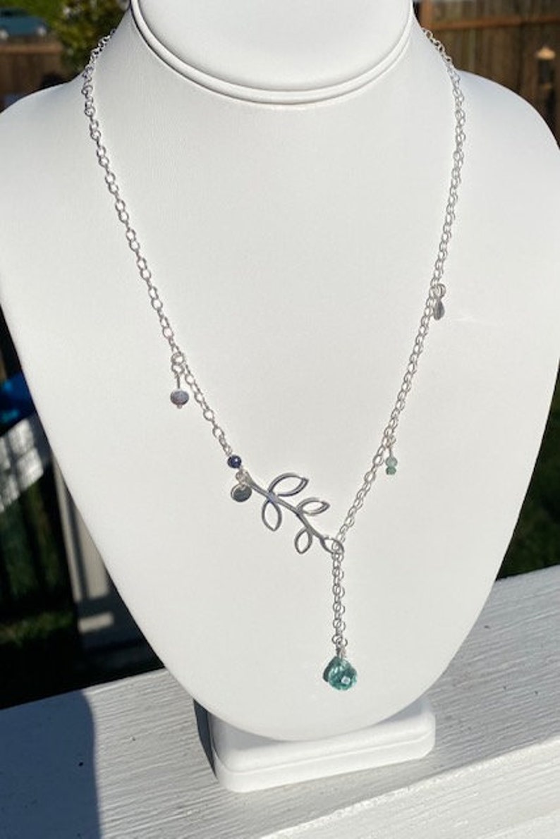 Sterling Silver Leaf Branch Necklace with Crystal Drop, tiny sapphire and emerald stone beads image 1