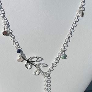 Sterling Silver Leaf Branch Necklace with Crystal Drop, tiny sapphire and emerald stone beads image 2