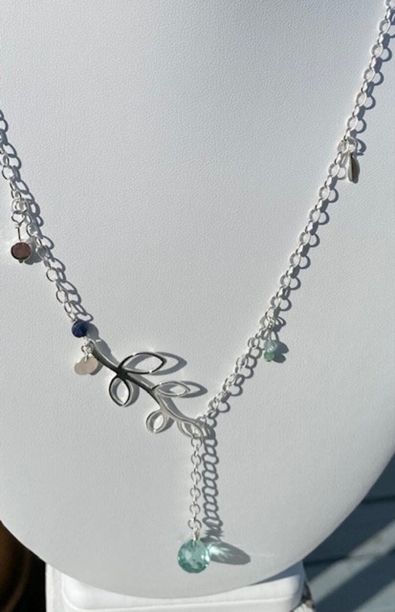 Sterling Silver Leaf Branch Necklace with Crystal Drop, tiny sapphire and emerald stone beads image 2