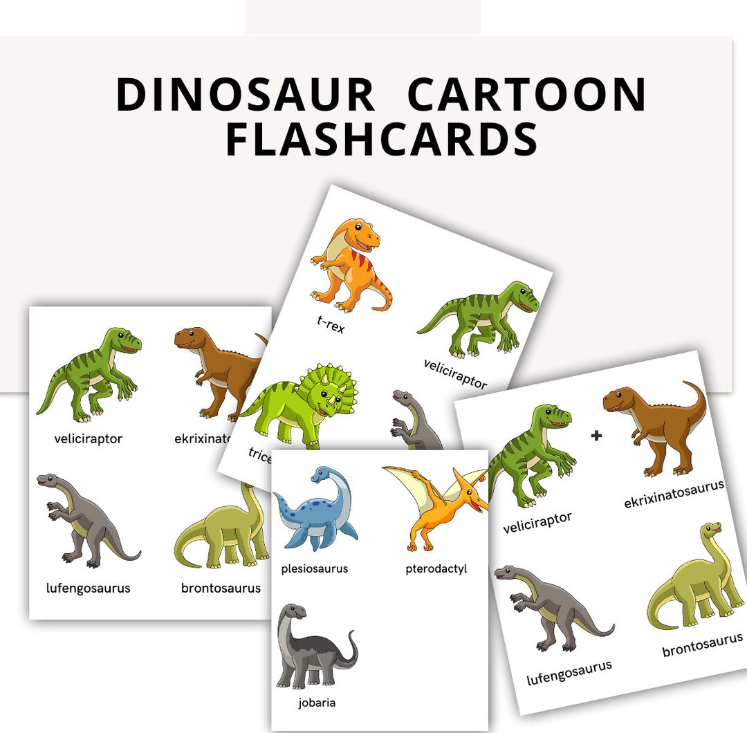 Dinosaur Cartoon Flashcards Dinosaur Flashcard Printable - Etsy