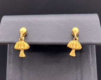 Mushroom Clip on Dangle Earrings - Gold Tone