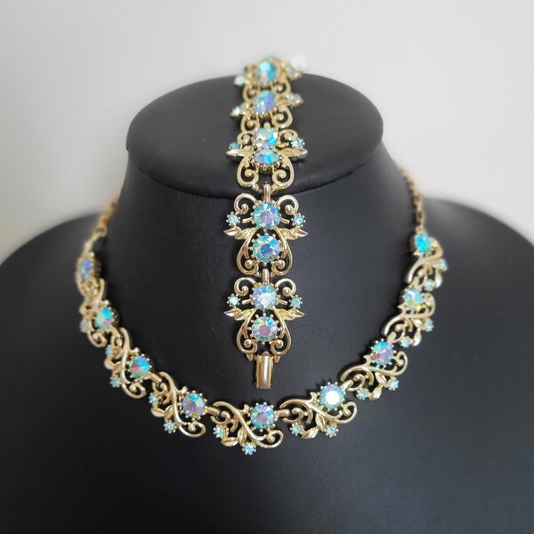 Coro Signed Gold Tone Blue AB Crystal Rhinestone Demi-Parure - 16" Necklace and 7.5" Bracelet