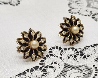 Vintage Black Enamel, Faux Pearl, Rhinestone Flower Screw Back Earrings