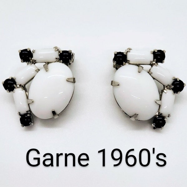 Rare Garne Black Accents with White Milk Glass Clip On Earrings