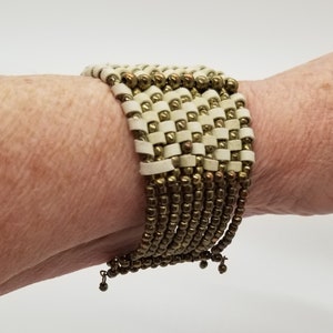 Vintage Woven Faux Suede and Bead Wire Cuff Bracelet with Copper and Bronze Colored Beads and Little Dangles