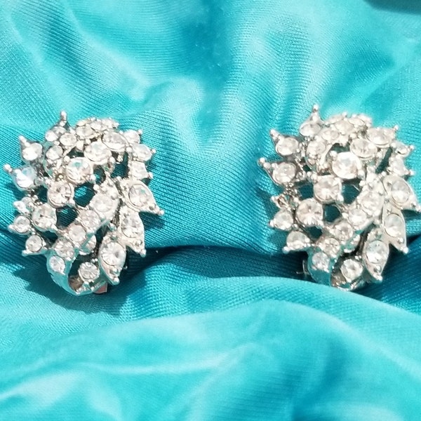 Sparkling Rhinestone Cluster Clip On Earrings for that Special Occasion Gift for Her - Vintage 1960s with Earring Cushions