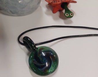 Handmade Galaxy Glass Green Pendant with Blue and Red Spiral