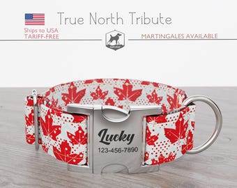 Personalized Wide Dog Collar 1, 1.5, 2 inch, Canada Day, Red and White Color, True North Tribute, Quick Release Metal Buckle