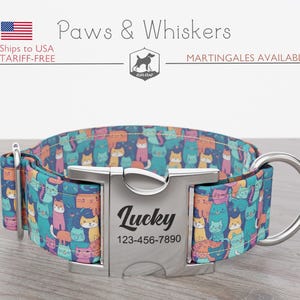 Personalisierte Hundehalsband, Katzenmuster, Regular / Martingale, Handgefertigt, Breit 1, 1.5, 2 Zoll, Pfoten & Schnurrhaare, Schnellverschluss aus Metall