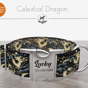 Celestial Dragon, Designer Wide Dog Collar 1, 1.5, 2 inch, Regular/Martingale, Quick Release Metal Buckle