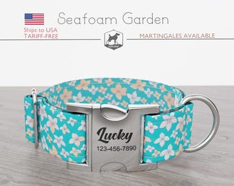 Personalized Wide Dog Collar 1, 1.5, 2 inch, Floral Pattern, Blue Color, Seafoam Garden, Quick Release Metal Buckle