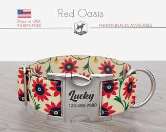 Personalized Dog Collar, Floral Pattern, Beige/Red/Green Pet Collar, Red Oasis, Quick Release Metal Buckle, Whimsy Floral Boho