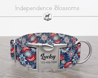 Personalized Wide Dog Collar 1, 1.5, 2 inch, Independence Day, Red Blue  White Color, Independence Blossoms, Quick Release Metal Buckle