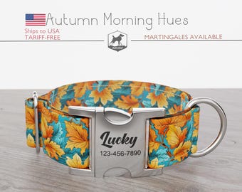 Fall/Autumn Dog Collar, Regular/Martingale, Leafs Pattern, Handmade, Wide  1, 1.5, 2 inch,  Autumn Morning Hues, Quick Release Metal Buckle