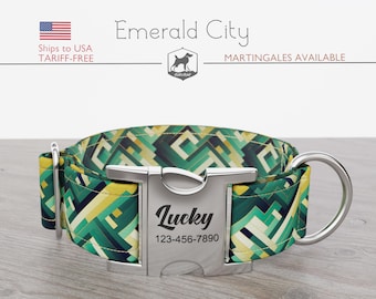 Green Abstract Dog Collar, Regular/Martingale, Handmade, Wide  1, 1.5, 2 inch,  Emerald City, Quick Release Metal Buckle