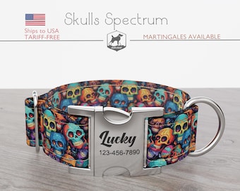 Halloween, Skull Pattern, Handmade Wide Dog Collar 1, 1.5, 2 inch, Skulls Spectrum, Regular/Martingale, Quick Release Metal Buckle