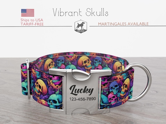 Halloween Dog Collar, Regular/Martingale, Skulls, Handmade, Wide  1, 1.5, 2 inch, Vibrant Skulls, Quick Release Metal Buckle