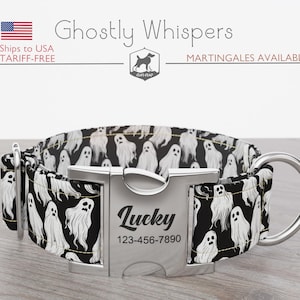 Halloween, spookpatroon, handgemaakte brede halsband 1, 1,5, 2 inch, normaal/martingaal, spookachtig gefluister, metalen gesp met snelsluiting