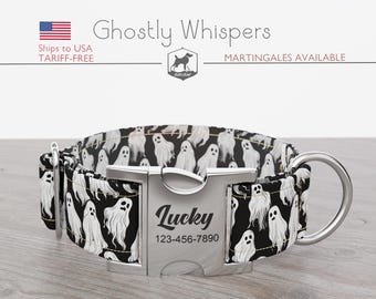 Halloween, Ghost Pattern, Handmade Wide Dog Collar 1, 1.5, 2 inch, Regular/Martingale, Ghostly Whispers, Quick Release Metal Buckle