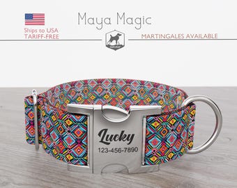 Abstract Dog Collar, Mexican, Cinco de Mayo, Regular/Martingale, Handmade, Wide  1, 1.5, 2 inch, Maya Magic, Quick Release Metal Buckle