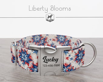 Personalized Wide Dog Collar 1, 1.5, 2 inch, Independence Day, Floral, Red, Blue and White, Liberty Blooms, Quick Release Metal Buckle