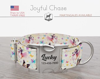 Personalized Wide Dog Collar 1, 1.5, 2 inch, Dog Butterfly Pattern, Cream Multi-Color, Joyful Chase, Quick Release Metal Buckle
