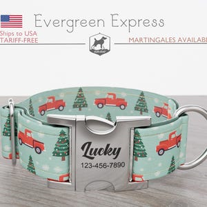 Christmas Trucks Dog Collar, Regular/Martingale, Handmade, Wide  1, 1.5, 2 inch, Evergreen Express, Quick Release Metal Buckle