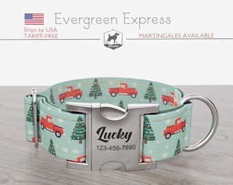 Christmas Trucks Dog Collar, Regular/Martingale, Handmade, Wide  1, 1.5, 2 inch, Evergreen Express, Quick Release Metal Buckle