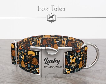 Personalized Wide Dog Collar 1, 1.5, 2 inch, Fall, Autumn, Woodland Pattern, Black Orange Color, Fox Tales, Quick Release Metal Buckle