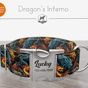 Dragon Dog Collar, Regular/Martingale, Handmade, Wide  1, 1.5, 2 inch, Dragon&#39;s Inferno, Quick Release Metal Buckle