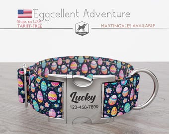 Easter Personalized Wide Dog Collar 1, 1.5, 2 inch, Egg Pattern, Black Pink  Blue Color, Eggcellent Adventure, Quick Release Metal Buckle