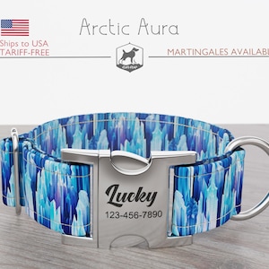 Winter Dog Collar, Christmas, Icicles, Regular/Martingale, Handmade, Wide  1, 1.5, 2 inch, Arctic Aura, Quick Release Metal Buckle