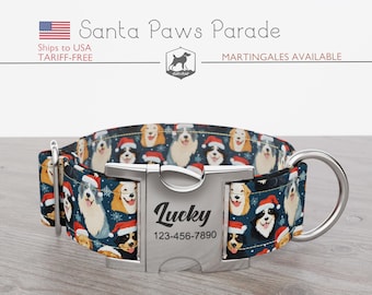 Christmas Dog Collar, Festive Dogs, Regular/Martingale, Handmade, Wide  1, 1.5, 2 inch, Santa Paws Parade, Quick Release Metal Buckle