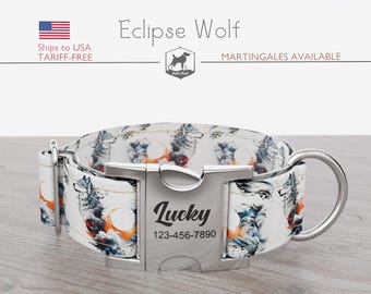 Wolf Dog Collar, Regular/Martingale, Handmade, Wide  1, 1.5, 2 inch, Eclipse Wolf, Quick Release Metal Buckle