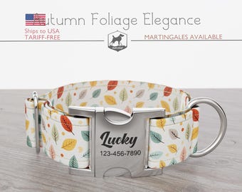 Autumn Leaves Dog Collar, Regular/Martingale, Handmade, Wide  1, 1.5, 2 inch, Autumn Foliage Elegance, Quick Release Metal Buckle