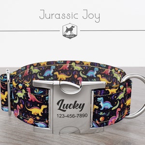 Dinosaur Pattern, Designer Wide Dog Collar 1, 1.5, 2 inch, Jurassic Joy, Quick Release Metal Buckle