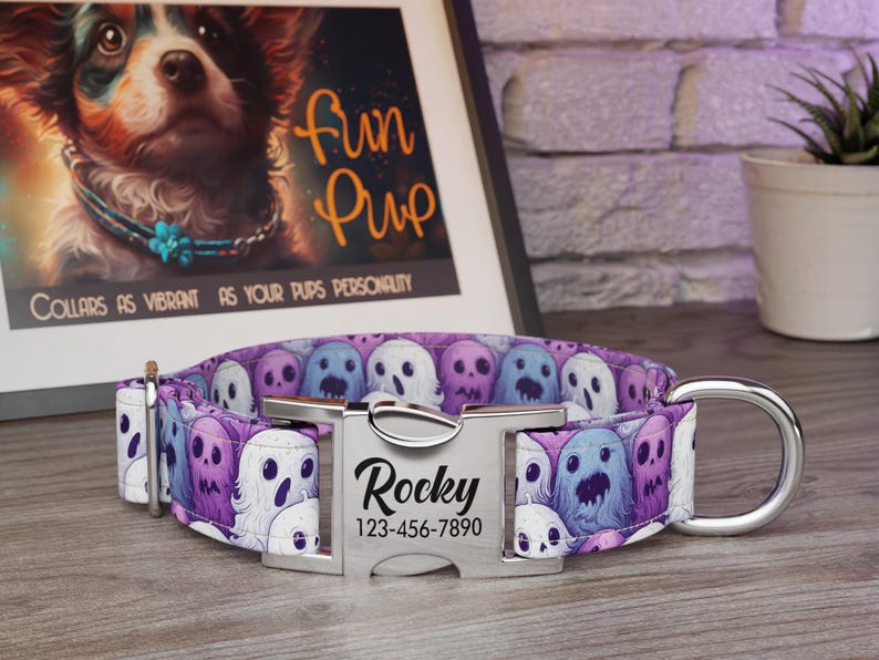 Halloween Dog Collar, Ghosts Pattern, Handmade, Wide 1, 1.5, 2 Inch