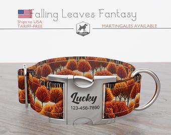 Fall Dog Collar, Regular/Martingale, Autumn Trees, Handmade, Wide  1, 1.5, 2 inch, Falling Leaves Fantasy, Quick Release Metal Buckle