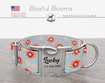 Personalized Wide Dog Collar 1, 1.5, 2 inch, Floral Pattern, Summer, Blue Orange Color, Blissful Blooms, Quick Release Metal Buckle