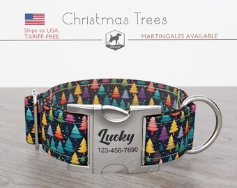 Christmas Dog Collar, Regular/Martingale, Handmade, Wide  1, 1.5, 2 inch, Christmas Trees, Quick Release Metal Buckle
