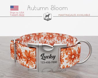 Collar personalizado para perro, estampado floral, collar rojo y naranja, diseño de flores otoñales, hebilla metálica de liberación rápida.