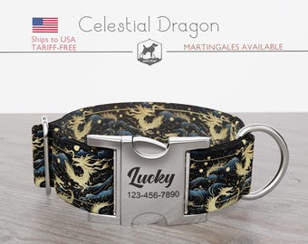 Celestial Dragon, Designer Wide Dog Collar 1, 1.5, 2 inch, Regular/Martingale, Quick Release Metal Buckle