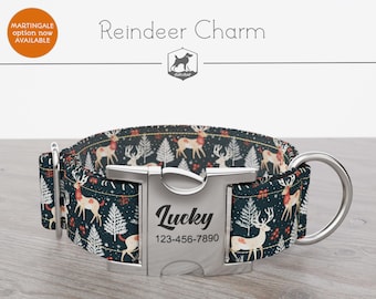 Winter Dog Collar, Reindeers, Regular/Martingale, Handmade, Wide  1, 1.5, 2 inch, Reindeer Charm, Quick Release Metal Buckle