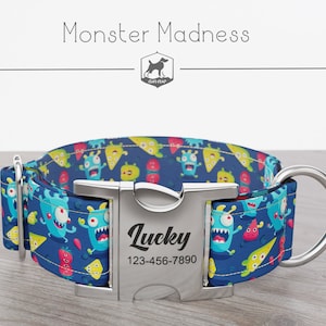 Halloween, Monsters Pattern,  Handmade Wide Dog Collar 1, 1.5, 2 inch, Monster Madness, Quick Release Metal Buckle