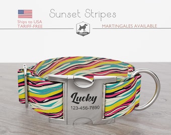Personalized Dog Collar, Abstract Pattern, Multi-Color, Sunset Stripes, Quick Release Metal Buckle