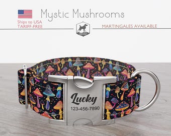 Mushrooms Dog Collar, Regular/Martingale, Handmade, Wide  1, 1.5, 2 inch,  Mystic Mushrooms, Quick Release Metal Buckle