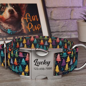 Christmas Dog Collar: 1, 1.5, 2 inch wide, Christmas Trees Pattern, Black Rainbow Color, Personalized Metal Buckle