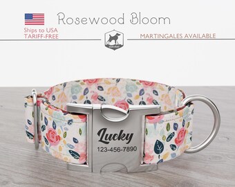 Collare per cani Rose, floreale, estivo, regolare/martingale, fatto a mano, largo 1, 1,5, 2 pollici, fiore di palissandro, fibbia in metallo a sgancio rapido