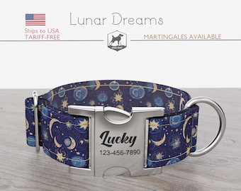 Celestial Dog Collar, Moon, Regular/Martingale, Handmade, Wide  1, 1.5, 2 inch, Lunar Dreams, Quick Release Metal Buckle
